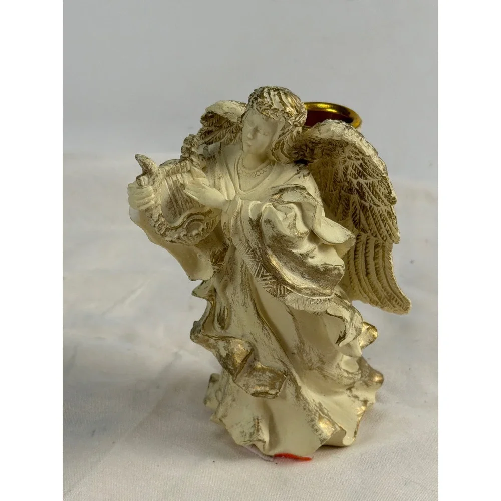 Vintage Angel Figurine Candle Holder Harp Player Cream Gold Resin 5.5 Inch